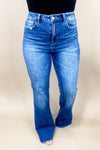 The Caroline's- High Rise Dark Wash Non-Distressed Flare Jeans w/ Frayed Hem