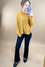 Golden Hour- Marigold Cable Knit Sweater w/ Side Slits