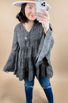 In No Time- Blue Leopard Print V-Neck Top w/ Ruffle Detail & Bell Sleeves