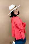 Pop Of Color- Coral Tiered Long Sleeve Babydoll Top