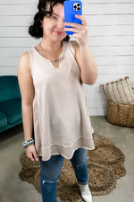 Raw and Real- {Sage & Taupe} Notched Neckline Tank w/ Raw Seam Detail
