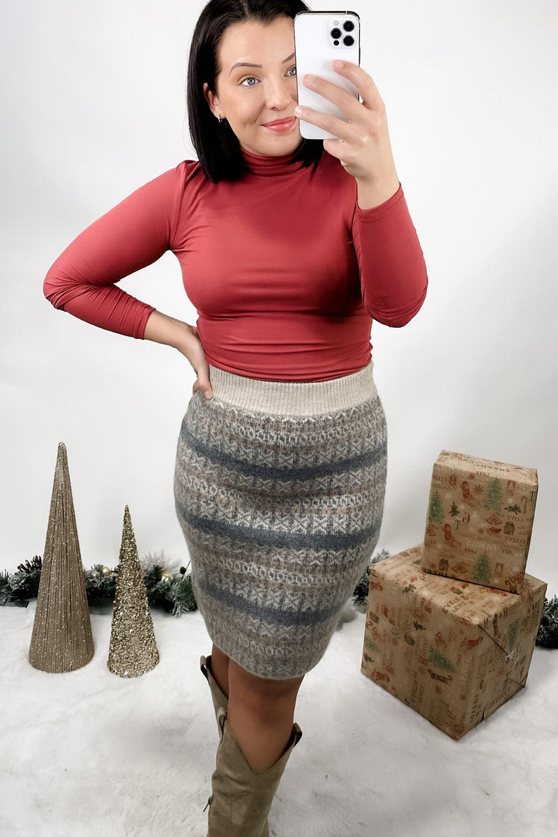 Smitten With You- Taupe Printed Sweater Mini Skirt