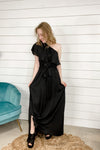 Party's Not Over- Black One Shoulder Belted Maxi Dress w/ Ruffle Detail