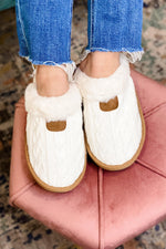 Fluffy Feet- {Off White & Tan} Cable Knit House Slippers w/ Faux Fur Lining