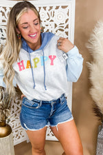 Happy Hoodie - Grey Body with Light Blue Sleeves