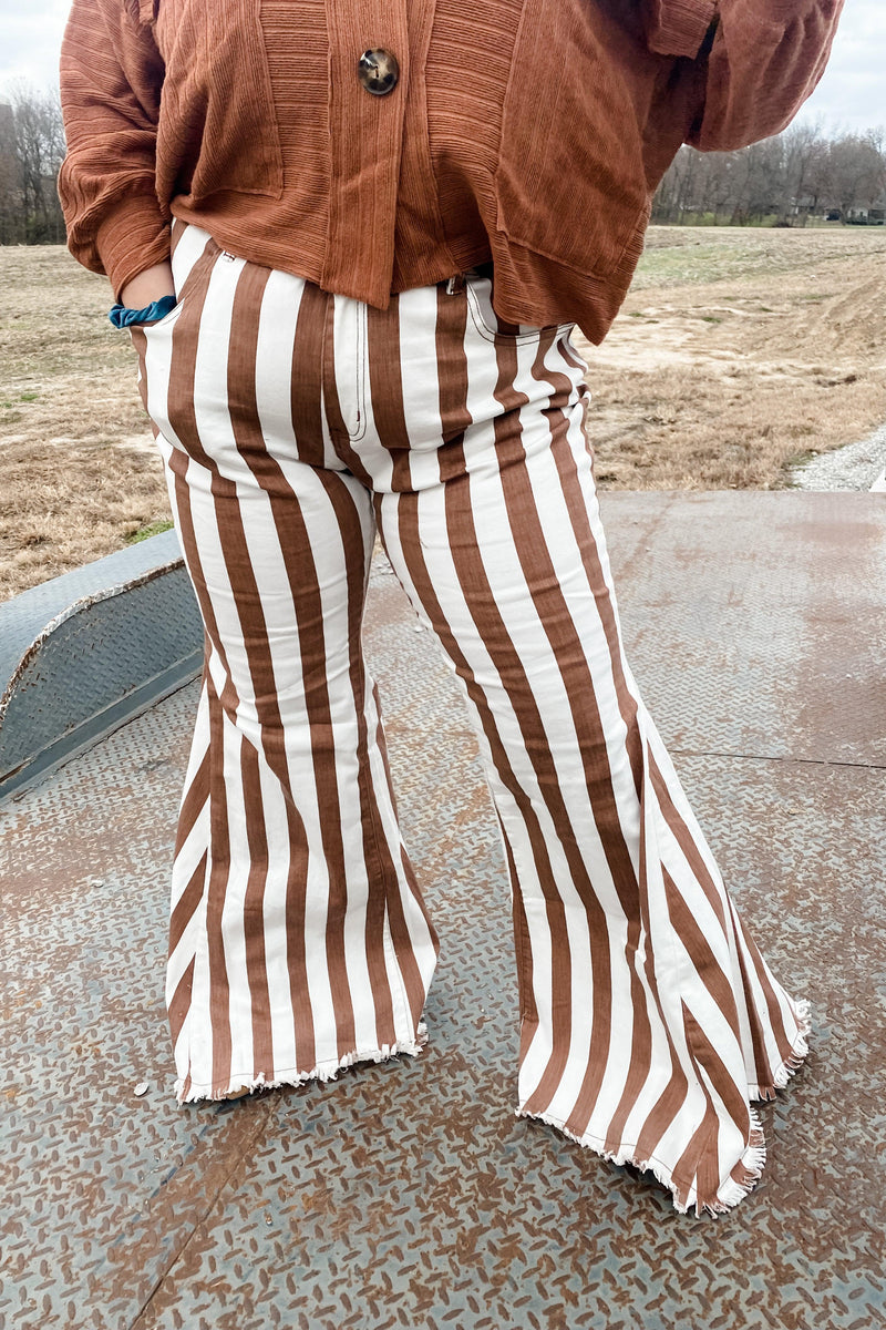 Cream Of The Crop- RESTOCKED Rust & Cream Striped Super Flare Jeans w/ Raw Hem