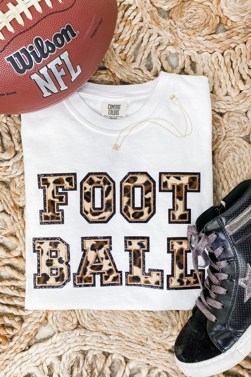 FOOTBALL- White Graphic Tee w/ Leopard Letter Patches