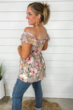 Talked Me Into It- Taupe Floral Square Neck Top w/ Swiss Dot & Ruffle Sleeve Detail