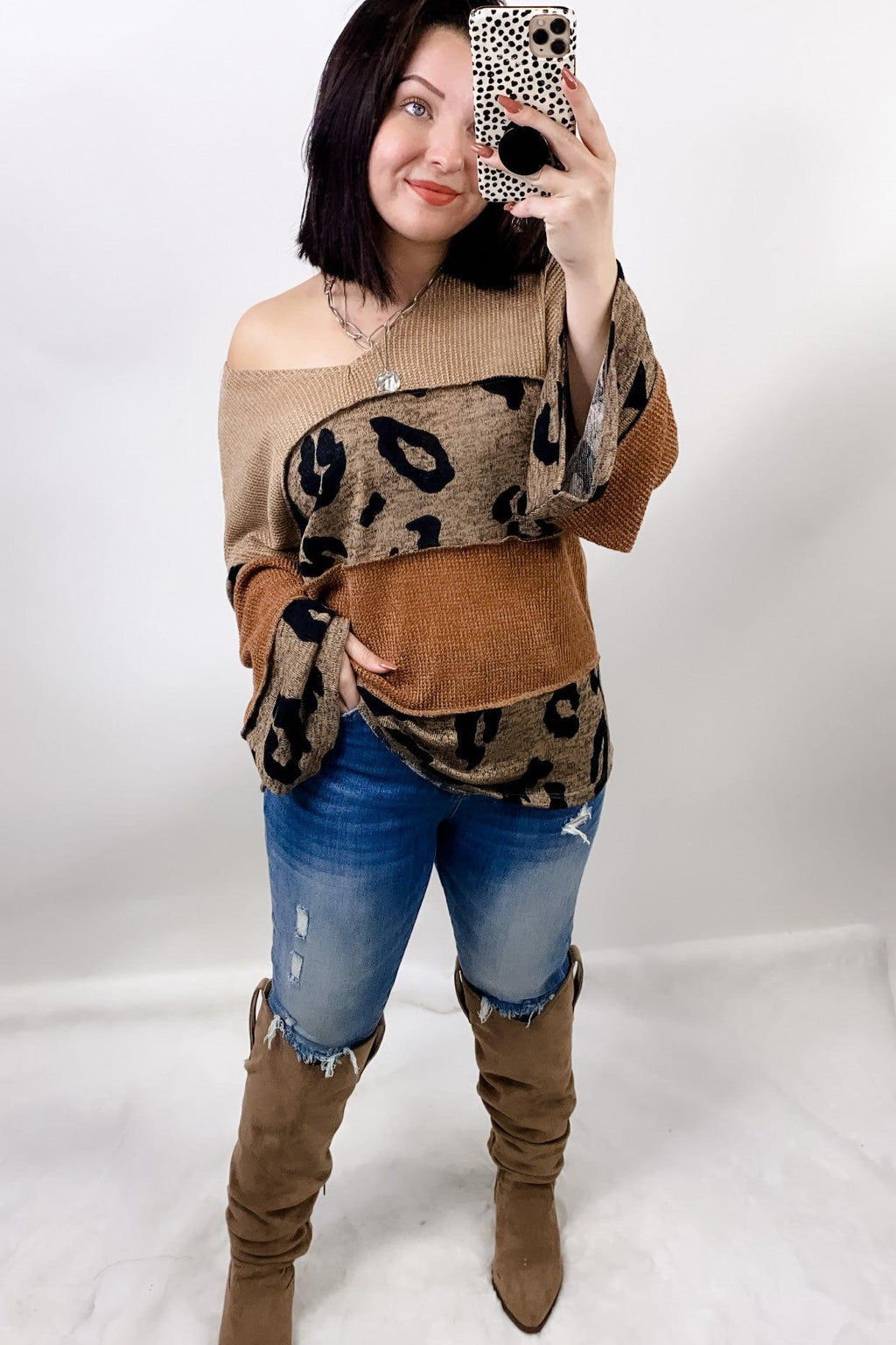 Leave A Trace- Taupe, Leopard & Rust Color Block V-Neck Long Sleeve Top