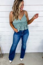 Caught A Glimpse- Sage Cotton Gauze Ruffle Tiered Tank Top