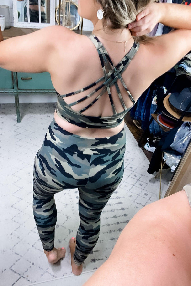 Just Be Cool- Olive Camo Criss-Cross Sports Bra OR Moto Leggings