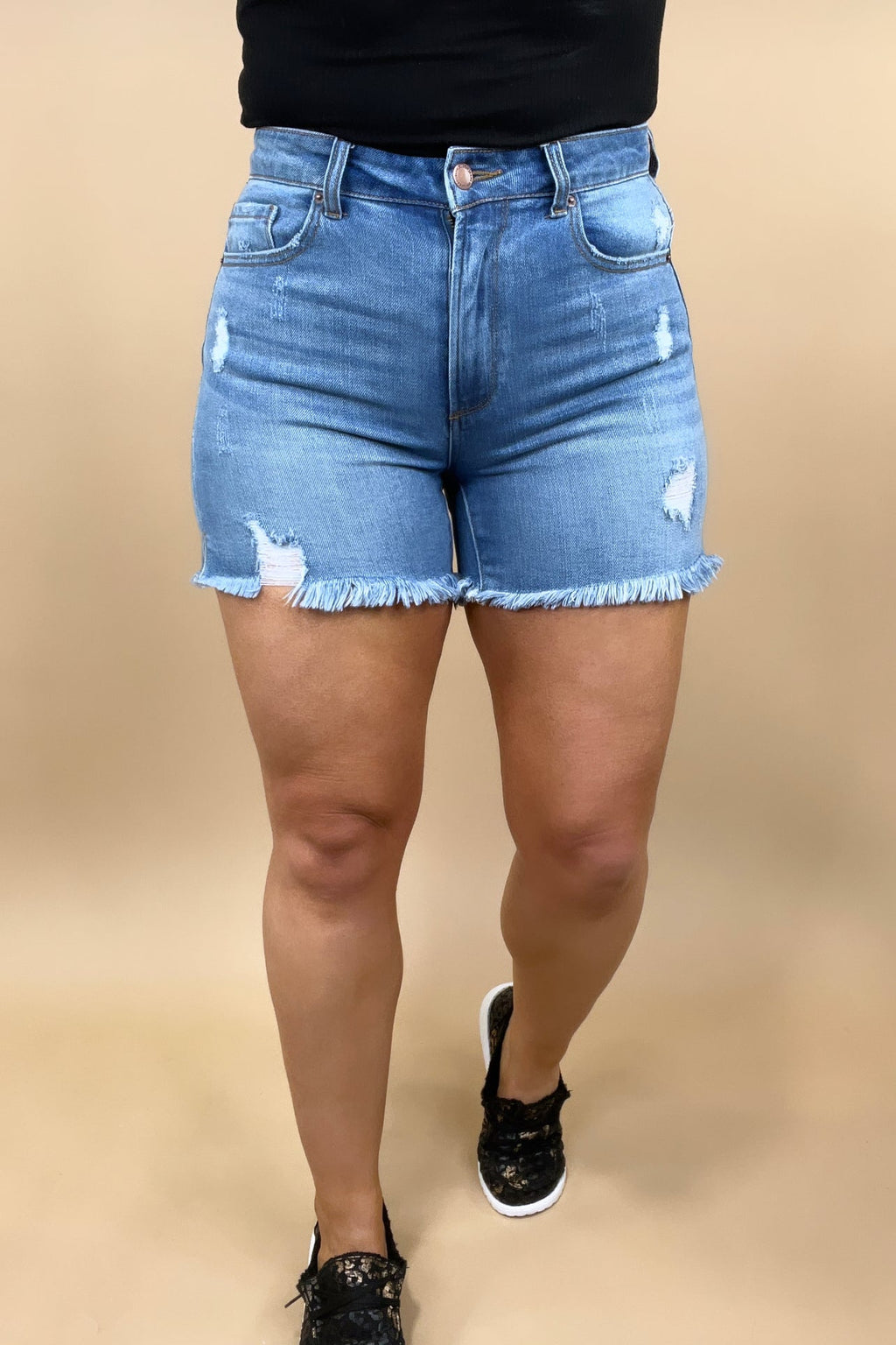 The Savannah's- Medium Wash Distressed Jean Shorts w/ Side Slits