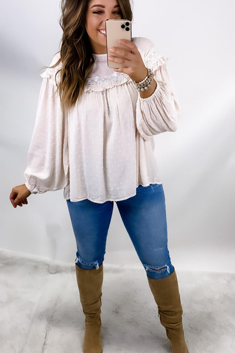 Swooning Over You- Bone Balloon Sleeve Blouse w/ Swiss Dot Detail & Lace Up Back
