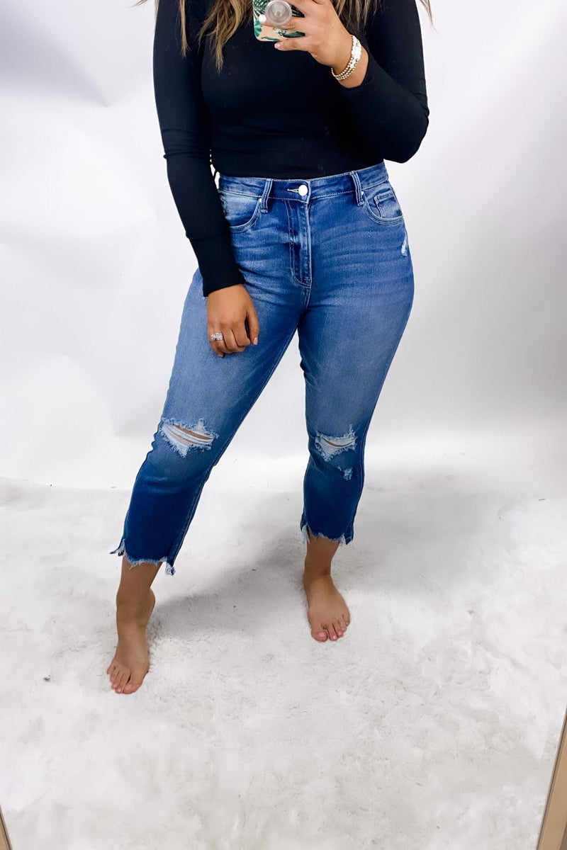The Jayme's- Medium Wash High Rise Distressed Girlfriend Jeans