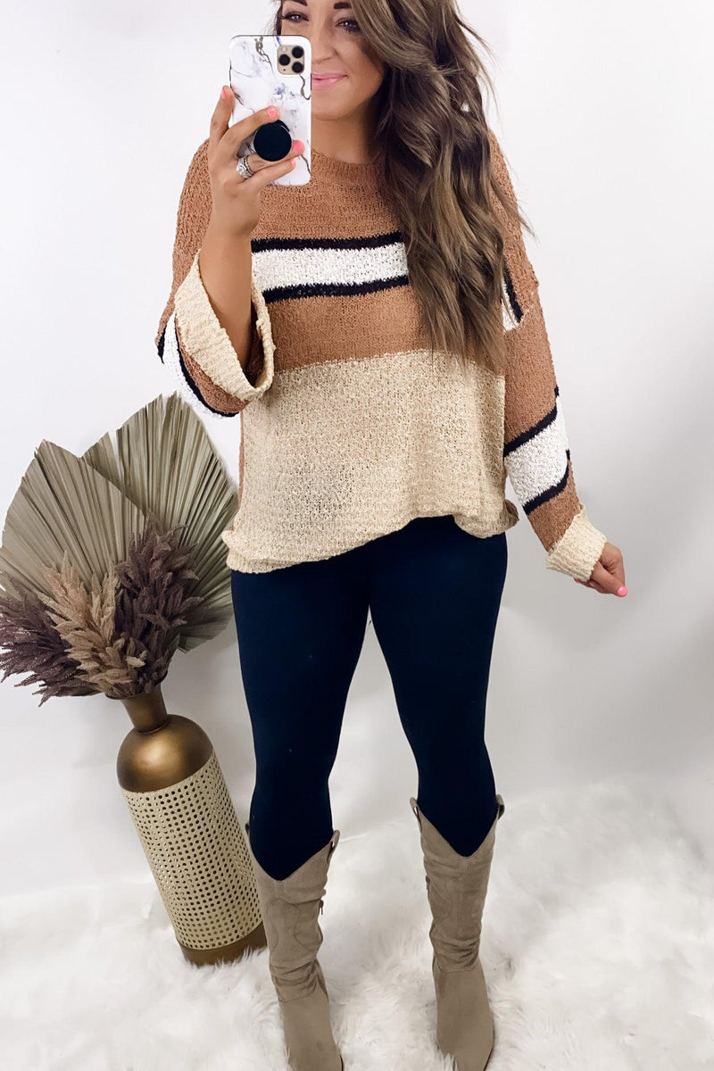 The Final Rose- {Pink/Cream & Olive/Tan} Striped Color Block Knit Sweater