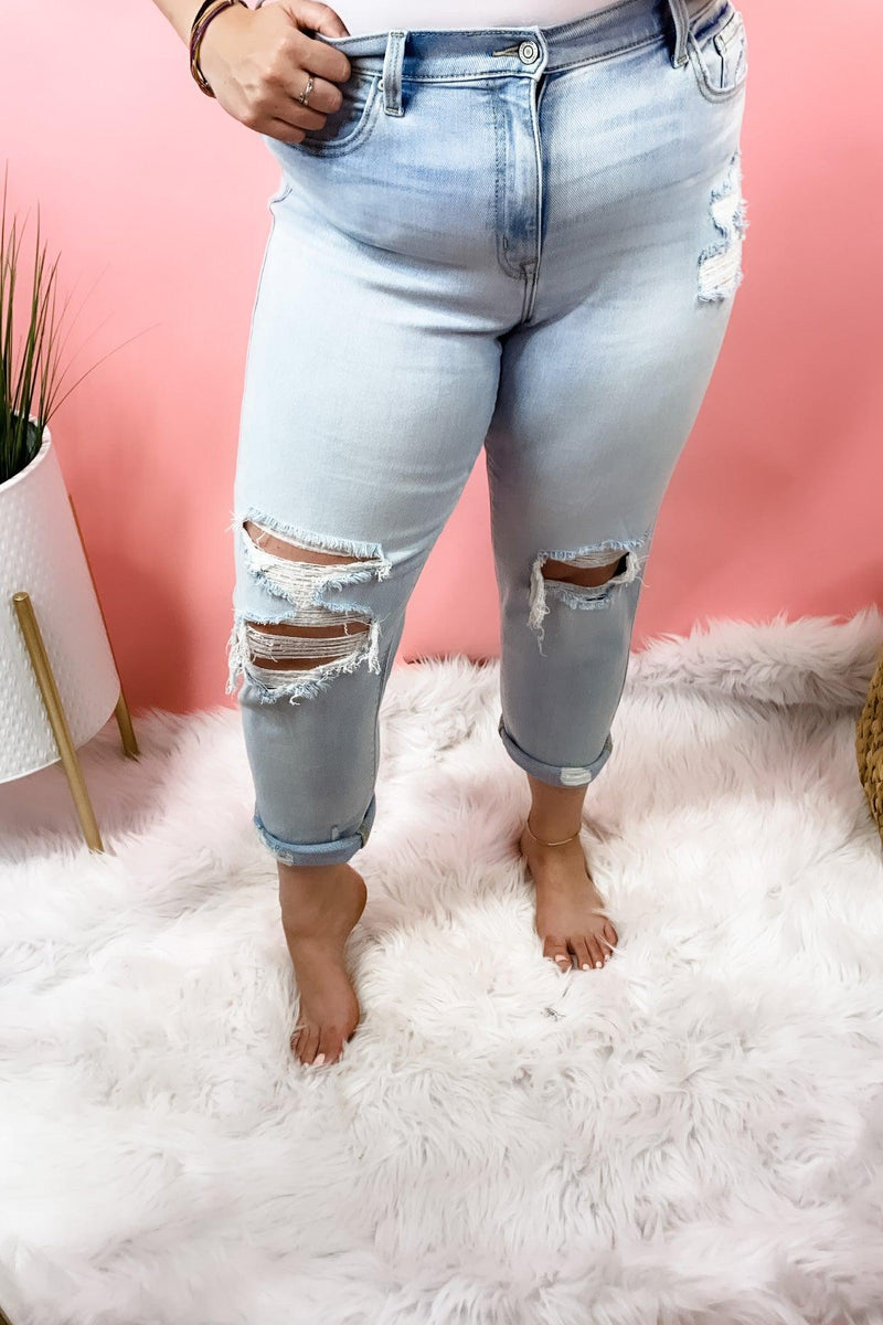 The Miley's- Light Wash High Rise Distressed Boyfriend Jeans