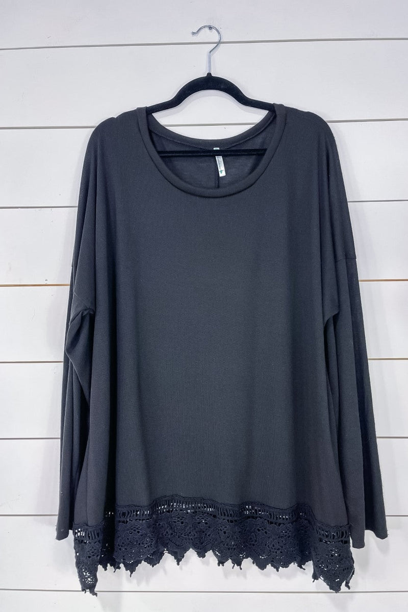 Black Long Sleeve Top w/ Crochet Trim Detail - SIZE 3XL