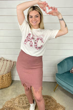 Tell The Story- {Ivory & Mauve} Ribbed Distressed Skirt