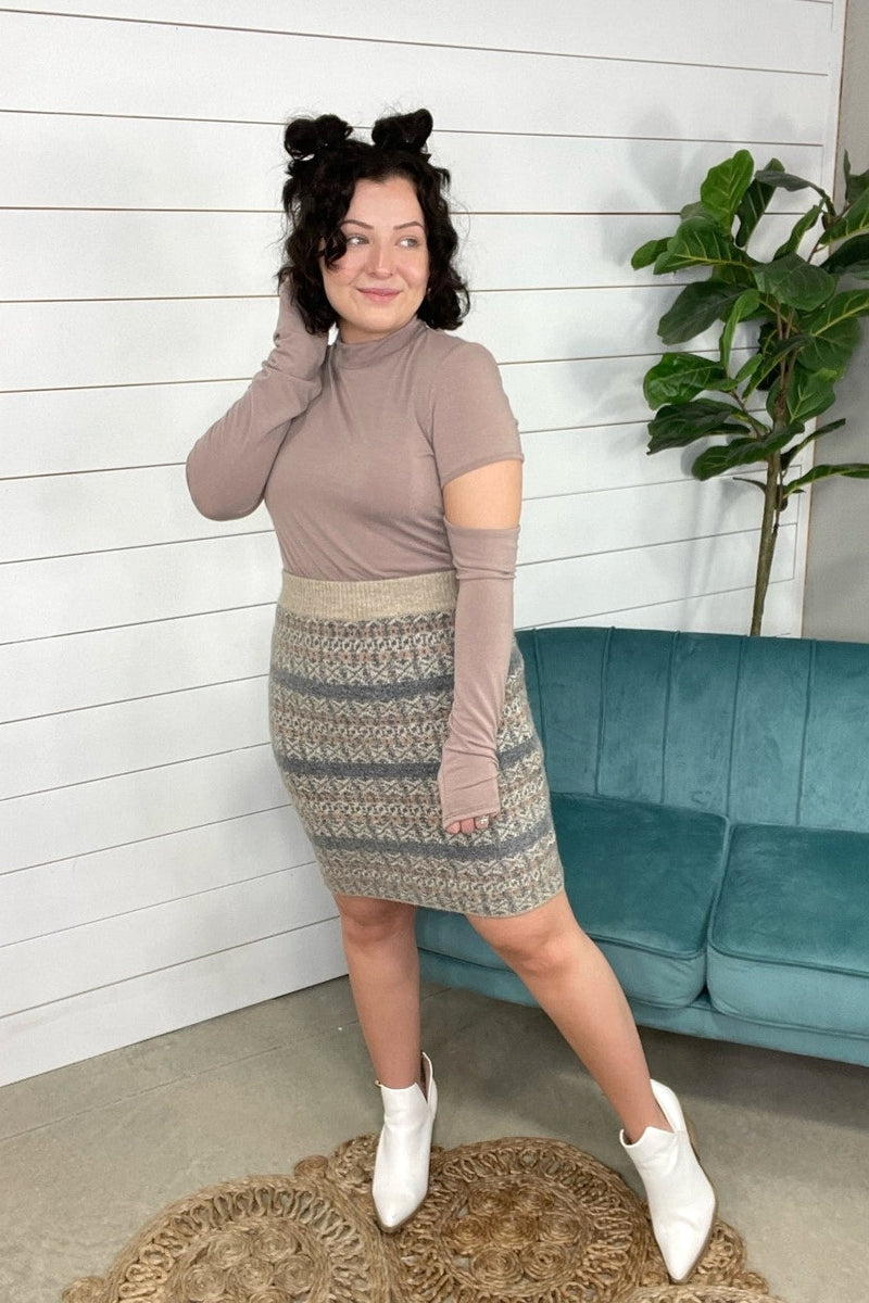 Smitten With You- Taupe Printed Sweater Mini Skirt